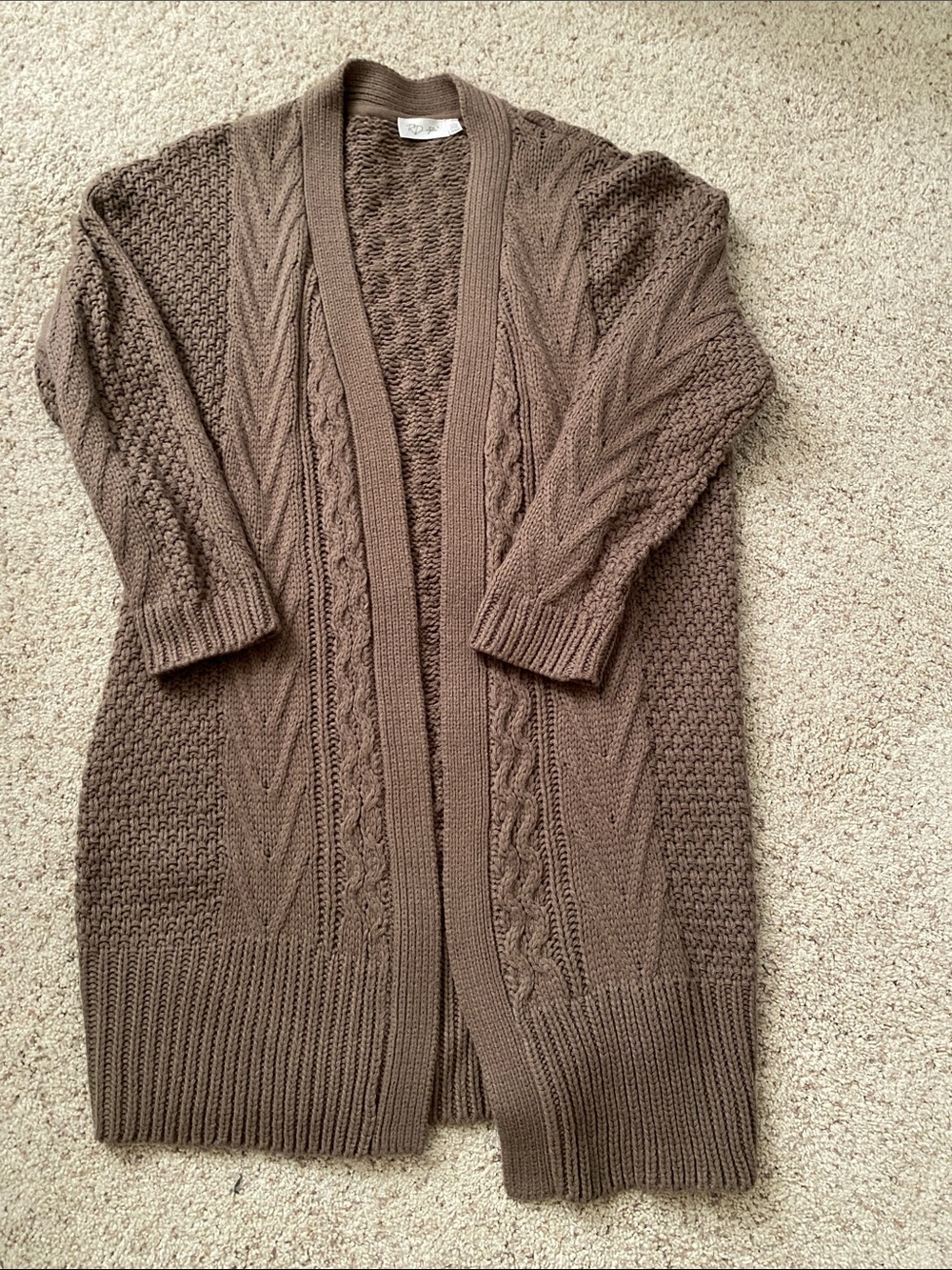 RD Style Long Cable-Knit Open Cardigan - Brown